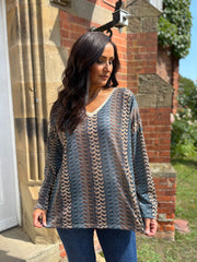 Denim Blue Pattern Stripe Shimmer Top Freya