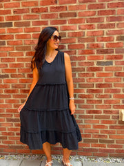 Black Bubble Cotton Fringed Tier Dress Amanda