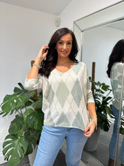 Sage V Neck Argyle Print Top Izzy