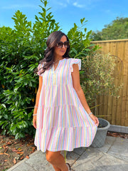 Light Blue Bubble Cotton Striped Dress Crystal