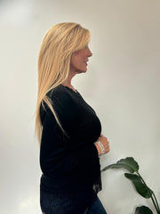 Black Ribbed Lace Trim Top Madeline