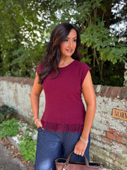 Wine Fringed Knit Vest Amara