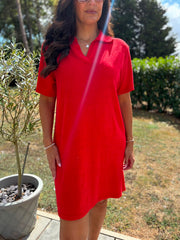 Red Collared Towelling Dress Natasha