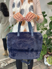 Navy Fluffy & Faux Leather Tote Bag