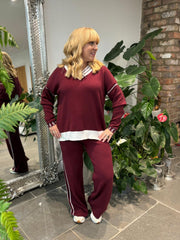Wine Striped V Neck Sweater Set Pam