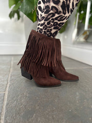 Chocolate Fringed Faux Suede Ankle Boots