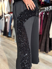 Black Cropped Sequin Panel Wide Leg Trousers
