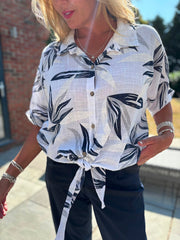 White Sketched Leaf Tie Front Blouse Brielle