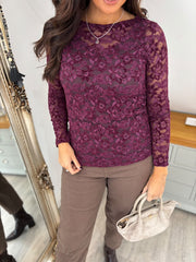Wine Floral Lace Net Top Isabella