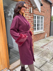Wine Luxury Faux Fur Cuffed Coat Valentina