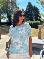 Blue Linen Floral Top Lila