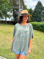 Khaki Embroidered Floral Top Frankie