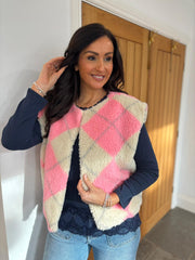 Pink Argyle Fleece Gilet Eva
