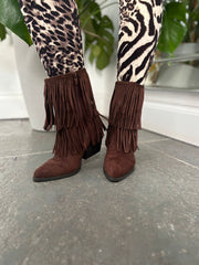 Chocolate Fringed Faux Suede Ankle Boots