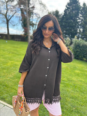 Chocolate Bubble Cotton Crochet Hem Blouse Jo