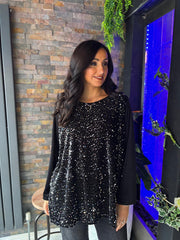 Black & Silver Velour Sequin Panel Top Raven