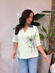 Mint Collared Flower Sweatshirt Angel
