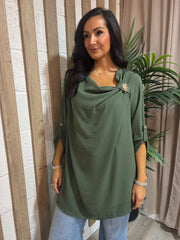 Khaki Gathered Cowl Neck Top Harper