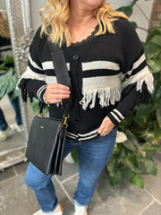 Black Fringed Stripe Cardigan Fiona