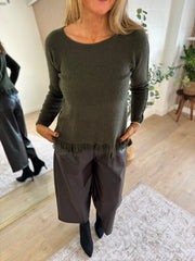 Khaki Long Sleeve Fringed Knit Amara