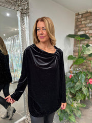 Black Velour Cowl Neck Sparkle Top Olivia