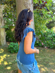 Denim Ruffle Sleeve Knit Top Hannah