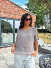Mocha Striped Textured Linen Top Anais