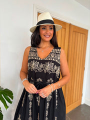 Black Embroidery Belted Dress Kristina