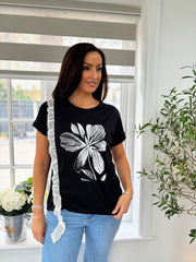 Black Diamante Floral Lace Trim Tee Aria