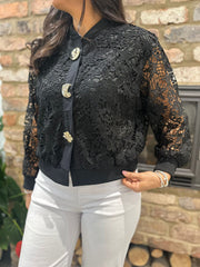 Black Crochet Lace Bomber Jacket Letitia