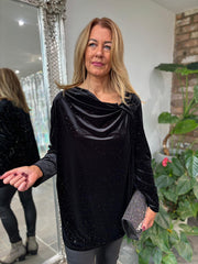 Black Velour Cowl Neck Sparkle Top Olivia