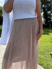 Taupe Pleated Mesh Tulle Skirt