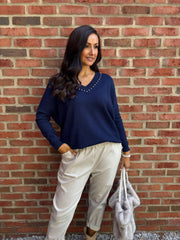 Navy Diamante V Neck Knit Tori