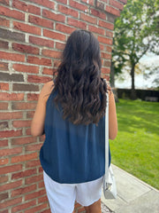 Navy Bubble Cotton Tie Detail Vest Miley