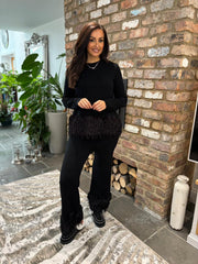 Black Premium Faux Feather Trouser Set Teya