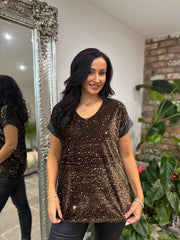 Chocolate Velour Sequin Trim Top Gabby