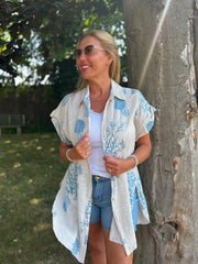 Stone Blue Coral Print Blouse Stacey