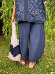 Navy Ruched Drawstring Wide Leg Trousers