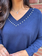 Navy Diamante V Neck Knit Tori