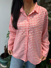 Coral Button Sleeve Gingham Blouse Opal