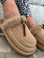 Stone Faux Fur Lined Mule Slippers
