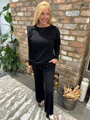 Black Textured Rib Drawstring Trousers Mia