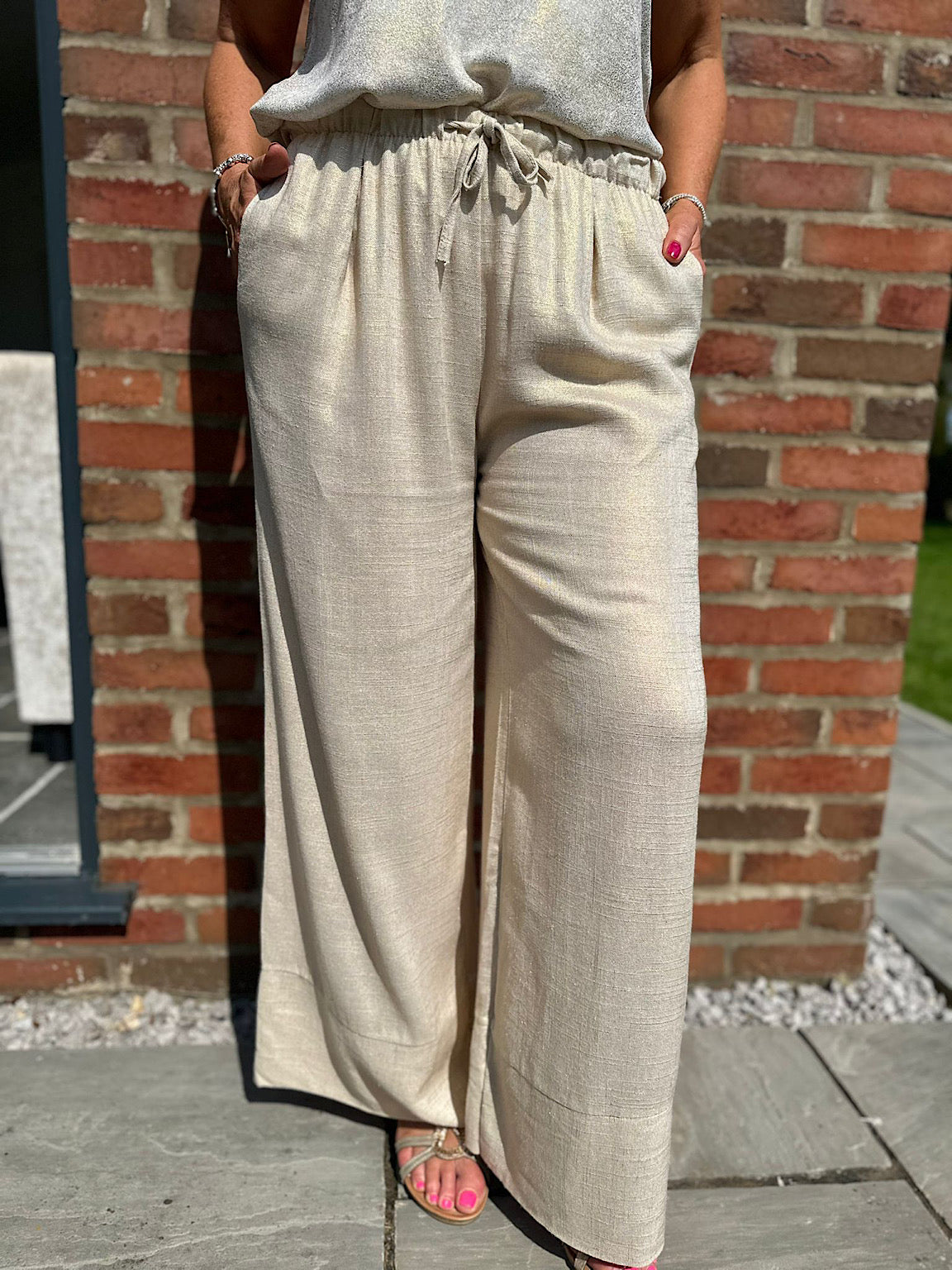 Gold Linen Blend Wide Leg Drawstring Trousers Tillett s