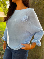 Light Blue Applique Ruffle Sleeve Knit Crystal