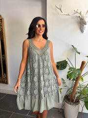 Khaki Mesh Floral Lace Dress Gabriella