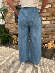 Light Denim Striped Wide Leg Pull on Trousers