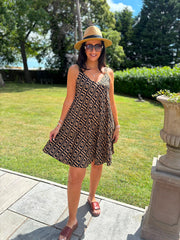 Camel Greek Key Sleeveless Dress Cleo