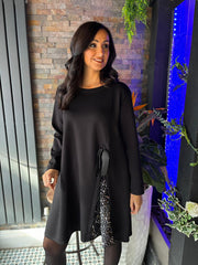 Black Sequin Panel Sweatshirt Dress Olive