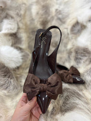 Chocolate Kitten Heel Bow Shoes