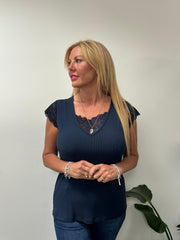 Navy Ribbed Lace Detail Top Amelia